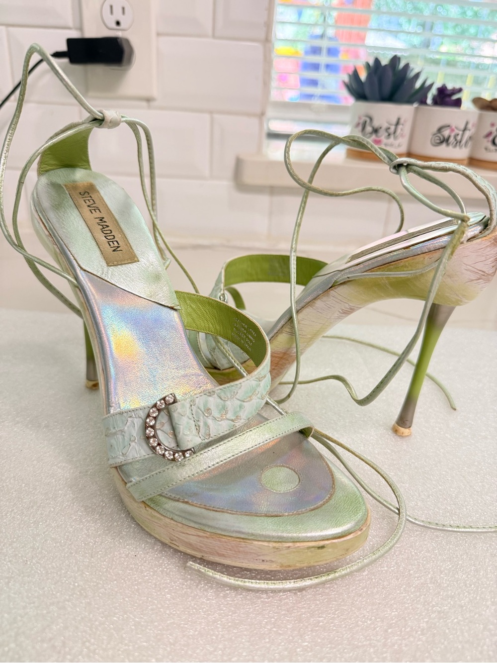 Y2K Steve Madden Iridescent Mint Lace-Up Heels